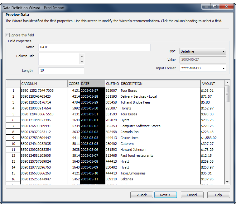 Defining and importing data using the Data Definition Wizard