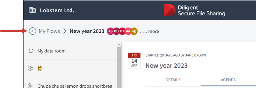 Ein Bild, das die Breadcrumbs oben links auf der Flows-Seite anzeigt, mit denen Sie zurück zu Flows navigieren können