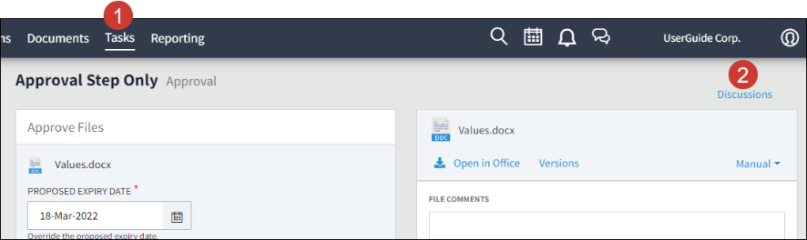 part of the Diligent workflow interface, highlighting features numbered 1 and 2