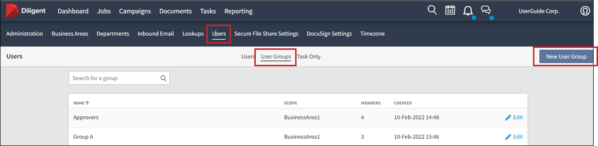 Highlights users, usersgroups, and new user group buttons.