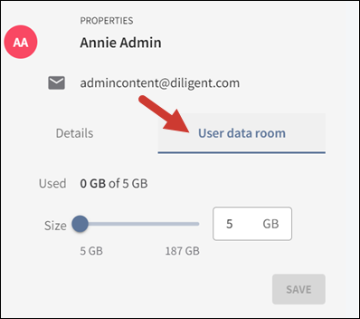 Image highlighting the user data room tab